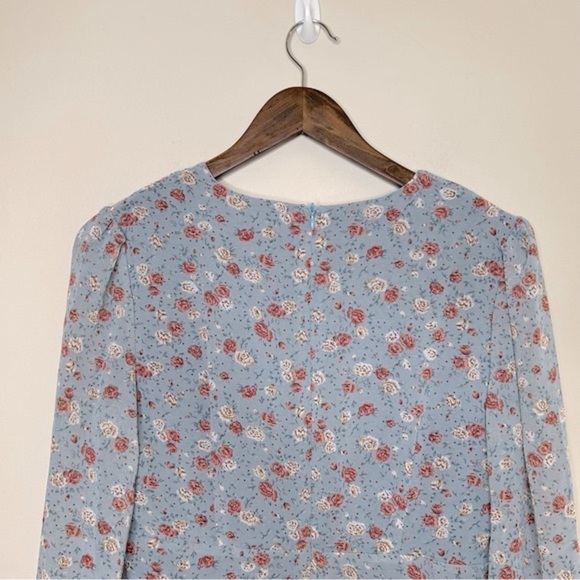 Nasty Gal Let's Grow Dancin' Floral Mini Dress Chiffon Puff Sleeve Blue Size 8 - Picture 6 of 10